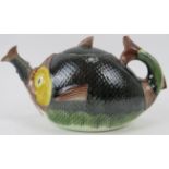 A late Victorian Majolica fish teapot. 11 in (28 cm) length. Condition report: Restoration and