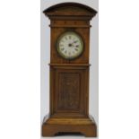 Miniature long case clock, walnut, traces of gilding to etched panel, not tested, 18cm height.