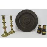 A group of antique and vintage objects. Comprising a pair of brass candlesticks, 19th century, a