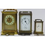 Three brass carriage clocks. Keys included. (3 items) Largest clock: 4.6 in (11.6 cm) height.