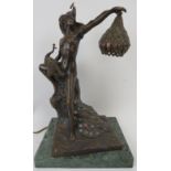 A bronze Art Nouveau style peacock themed figural table lamp, 20th century. Modelled after the