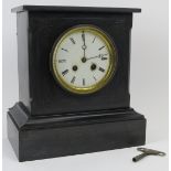 A Belgian slate mantle clock, 19th century. With enamelled white dial with black numerals. 10.8