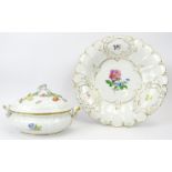 A Meissen porcelain bowl and twin tureen, 19th/20th century. Both gilt and florally decorated with