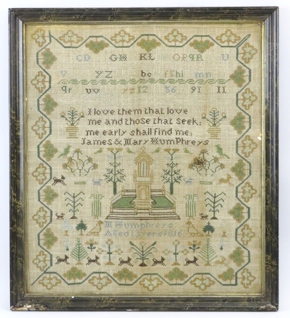 A George III period embroidered needlework sampler by Mary Humphreys, dated 1816. Embroidered with