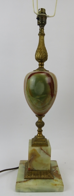 A large ormolu and agate table lamp stand, 20th century. The agate of square and ovoid form with