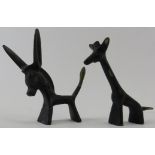Two Walter Bosse cold painted brass figures, 20th century. Comprising a donkey and giraffe,