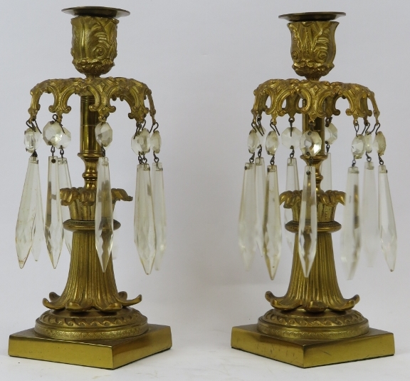 A pair of French Empire style ormolu and crystal glass lustres, 19th century. Both with nine cut - Image 2 of 3