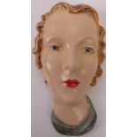 Art Deco hand painted ceramic female wall mask. 5.9 in (15 cm) height. Condition report: Some wear