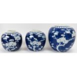 Three Chinese blue and white ginger jars, 19th century. Each of ovoid form graduating in size,