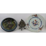 A group of three Chinese items. Comprising a Chinese Imari plate, 18th century, a bronze koro with