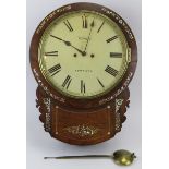 A mother of pearl inlaid rosewood drop dial wall clock by W Gray of Leicester, early 19th century.