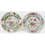 Two Chinese famille rose plates, 18th century, Qianlong period. Each profusely decorated with a