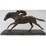 A bronze racing horse and jockey by Tessa Pullan, late 20th century. Dated 85, initialled T.P.