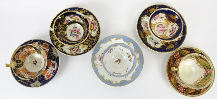 Five English porcelain teacups and saucers, early/mid 19th century. Spode examples included. Each - Image 2 of 6