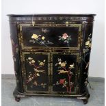 A vintage Chinese black lacquered drinks cabinet, with hand painted motifs depicting songbirds and