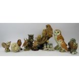 A large collection of pottery and porcelain owl figurines. Notable makers include Beswick and