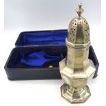 A large silver sugar caster, Chester 1932, boxed. Approx 8"/20cm high, approx weight 6.5 troy oz/203