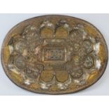 A large Middle Eastern damascened metalwork tray. Profusely decorated to the front with a