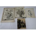 19th century school - pencil drawings, two flower studies, seated girl and group of figures