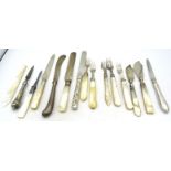 An assortment of mainly silver fruit knives & forks with mother of pearl handles, a Chinese knife