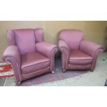 A near pair of antique club armchairs, upholstered in brown material with gold braided rope trim, on