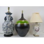 Three ceramic table lamps, 20th century. (3 items) Tallest lamp including stand: 22.4 in (57 cm)