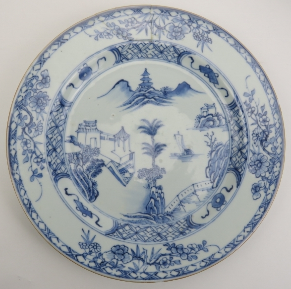 A group of five Chinese blue and white porcelain dishes, 18th century. Decorated in a variety of - Image 4 of 12