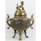 A large Japanese cloisonné enamelled gilt metal koro, 20th century. The finial modelled as a