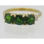 Cushion cut Russian diopside & baguette diamond ring, size L/M, diopside of good even colour