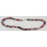 Watermelon jade necklace, cabochon cut beads of even size, 20" length. Condition report: Excellent