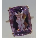 Pink amethyst cushion cut statement ring, size M, 18mm x 13mm high set solitaire of good cut, colour