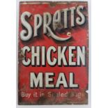 An enamelled metal Spratt’s Chicken Meal advertising sign. Black and white lettering on red