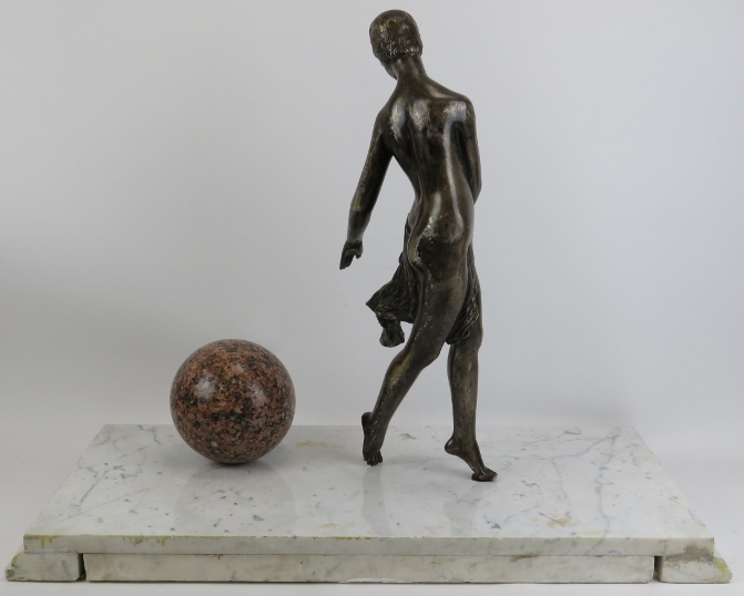 A large Neoclassical bronze and marble sculpture of a Grecian female with ball. The figure cast in - Image 4 of 4