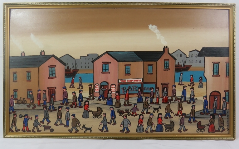 Horsfield (Northern School 20th century) - 'Waiting for the Fish Shop to Open', oil on board, - Image 2 of 12