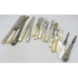 An assortment of mainly silver fruit knives & forks with mother of pearl handles, a Chinese knife