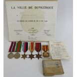 A group of five WWII medals and a Dunkerque 1940 medal. Awarded to Alfred Jeffrey of the Queens