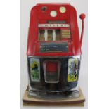 An original vintage Mills three drum one arm bandit slot machine. Red enamelled and chrome mounts