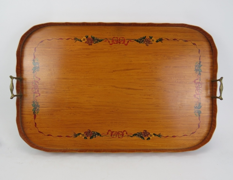 A unusually large George III-style painted satinwood serving tray, 20th century. With twin brass