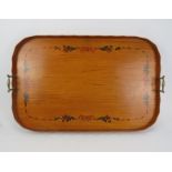 A unusually large George III-style painted satinwood serving tray, 20th century. With twin brass