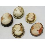 A collection of 5 old Cameo brooches/pendant. Two mounted with seed pearls. Condition report: Good