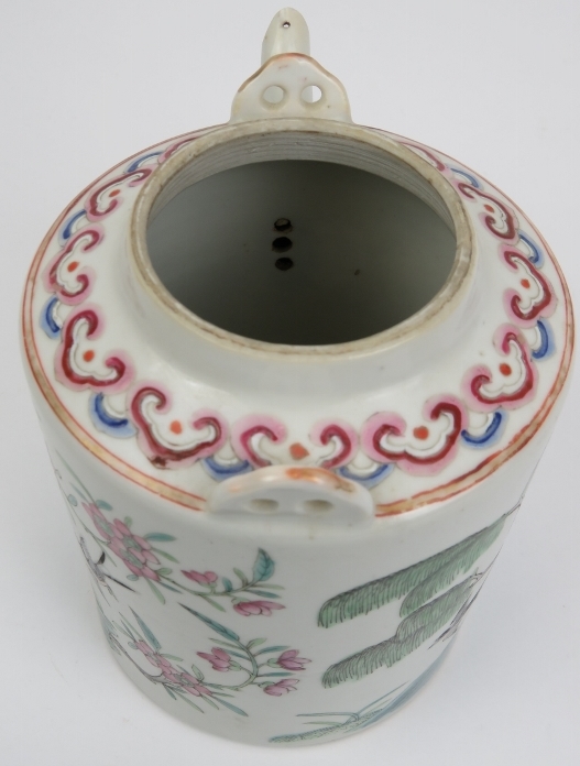 A Chinese famille rose teapot, 19th century. Finely overglaze enamel painted depicting birds amongst - Image 4 of 5