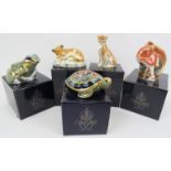 A group of five Royal Crown Derby porcelain paperweight figurines. Comprising a lion cub, cheetah