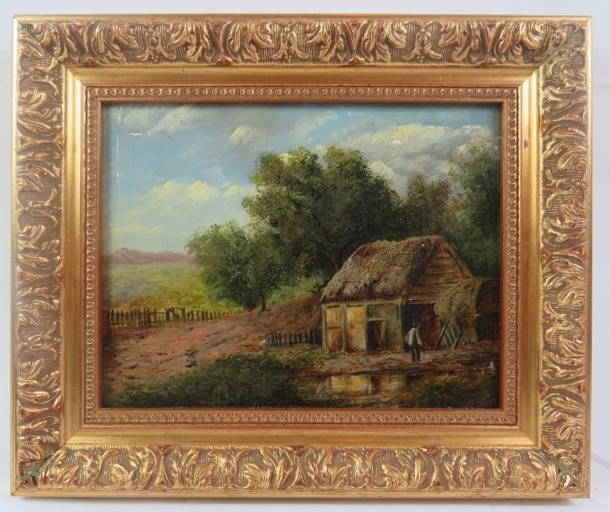 British School (19th century) - 'Country landscape with thatched barn', oil on canvas, 19cm x