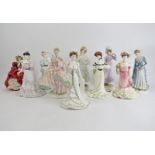 A collection of Royal Worcester, Royal Doulton and Coalport porcelain figurines. Each depicting