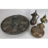 Four Middle Eastern metalware objects, 19th century or earlier. (4 items) Disc: 12.6 in (32 cm)