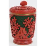 A Chinese green and cinnabar lacquer jar and cover. Modelled with a lingzhu fungus finial. 5.1 in (