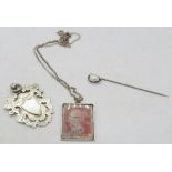 A silver & mother of pearl stick pin marked 935, a silver pendant inset with a penny red stamp,