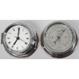 A Marpro porthole wind up alarm clock with matching barometer. Both with zinc cases and bevelled