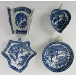 A group of four early Worcester Fisherman pattern blue and white porcelain wares, circa 1770 - 1790.