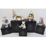 A group of five Royal Crown Derby porcelain paperweight figurines. Comprising a Donkey, Barbary